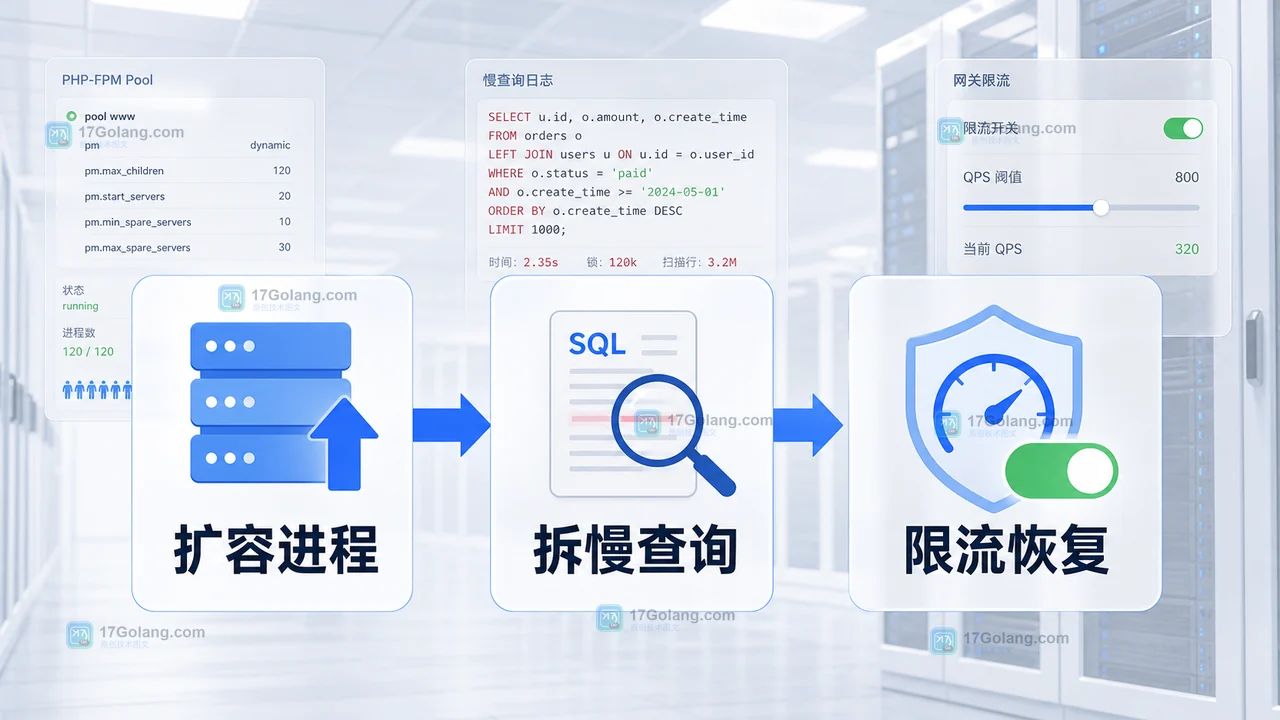 PHP-FPM 故障恢复时先扩容进程再拆慢查询并用限流恢复服务