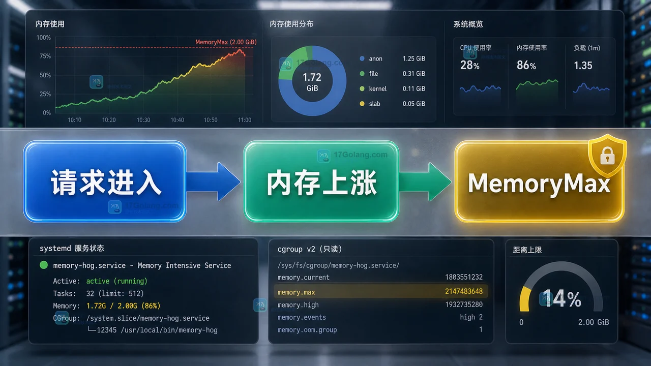 Linux cgroup v2 中请求进入服务后内存上涨并由 MemoryMax 限住边界