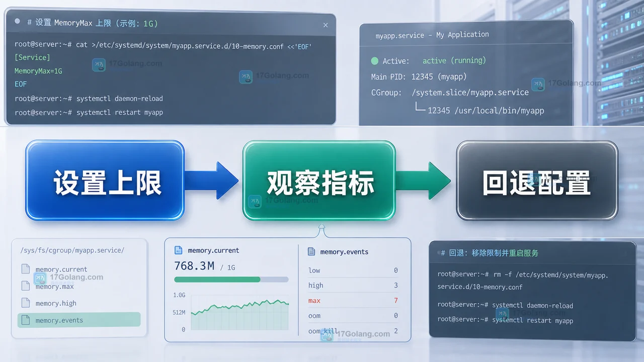 Linux 服务设置 MemoryMax 后观察内存状态并准备回退配置