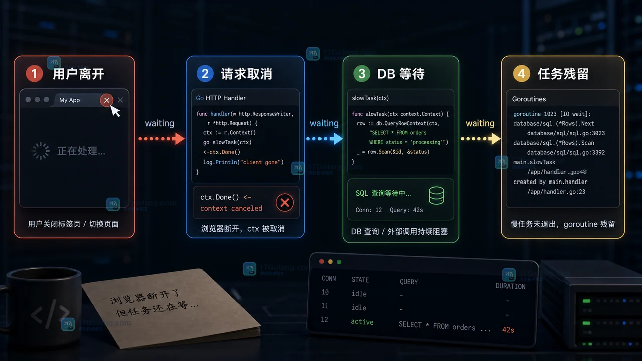 Go HTTP 请求取消后 context 没有传到数据库导致 DB 等待和任务残留的等待链示意图