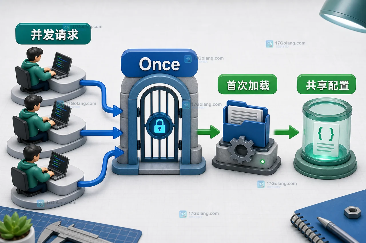 Go sync.Once 把多个并发请求拦在一次初始化门前并共享配置结果的等待链示意图