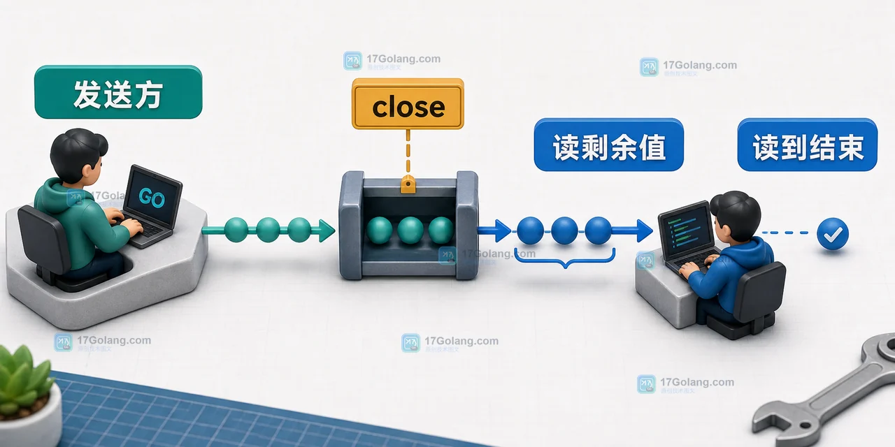 Go channel close 后发送方停止写入,接收方继续读取缓冲值直到 ok=false 的流程示意图