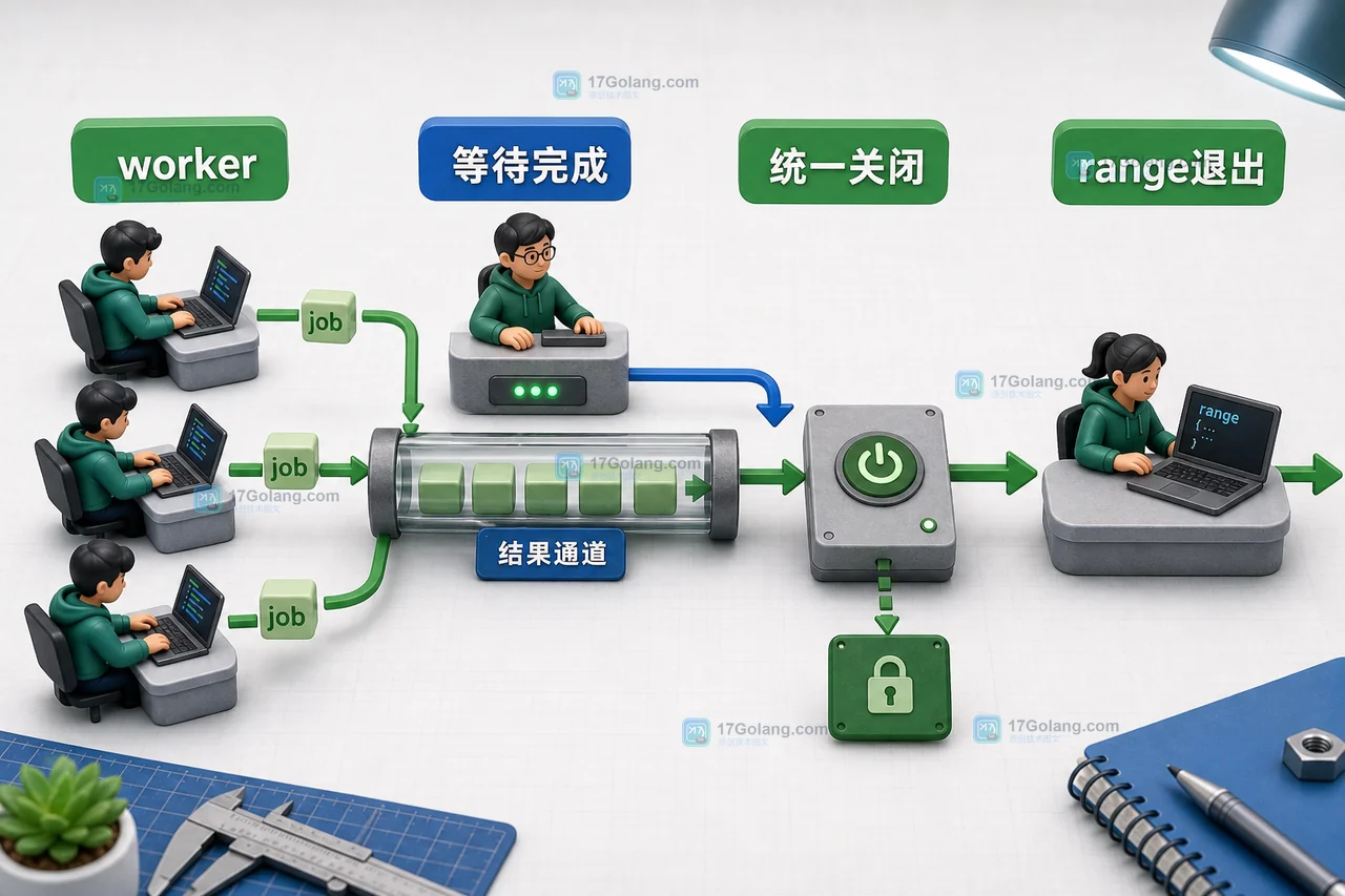 Go 多个 worker 写结果 channel 时等待全部完成再统一 close,range 循环安全退出的流程图