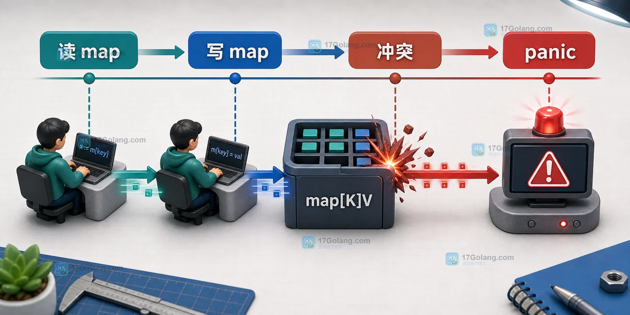 Go map 并发读写在读 map、写 map、冲突到 panic 的时间线示意图