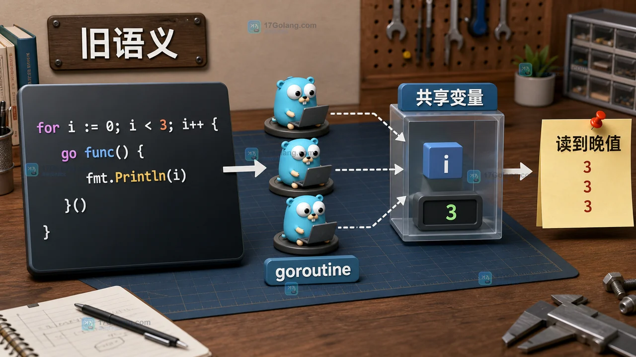 Go 旧循环语义中 goroutine 共享循环变量并读到最后一轮值的等待链示意图