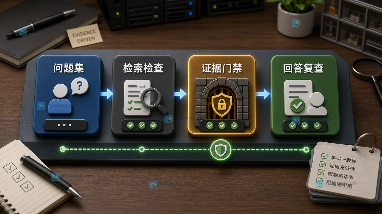 RAG 应用通过问题集、检索检查、证据门禁和回答复查防止答错的分层架构图