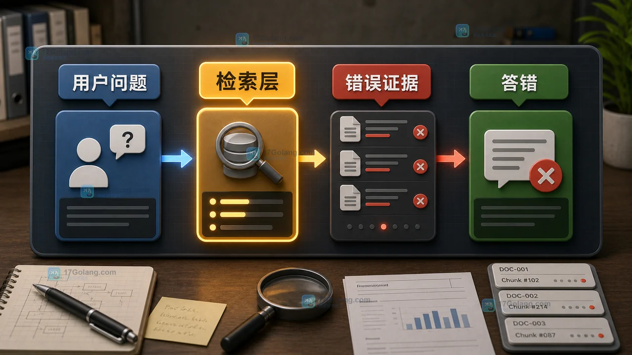 RAG 应用中用户问题经过检索层命中错误证据并导致答错的分层架构示意图
