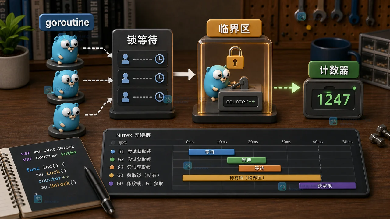 Go Mutex 保护共享计数器时 goroutine 等待锁进入临界区的等待链示意图