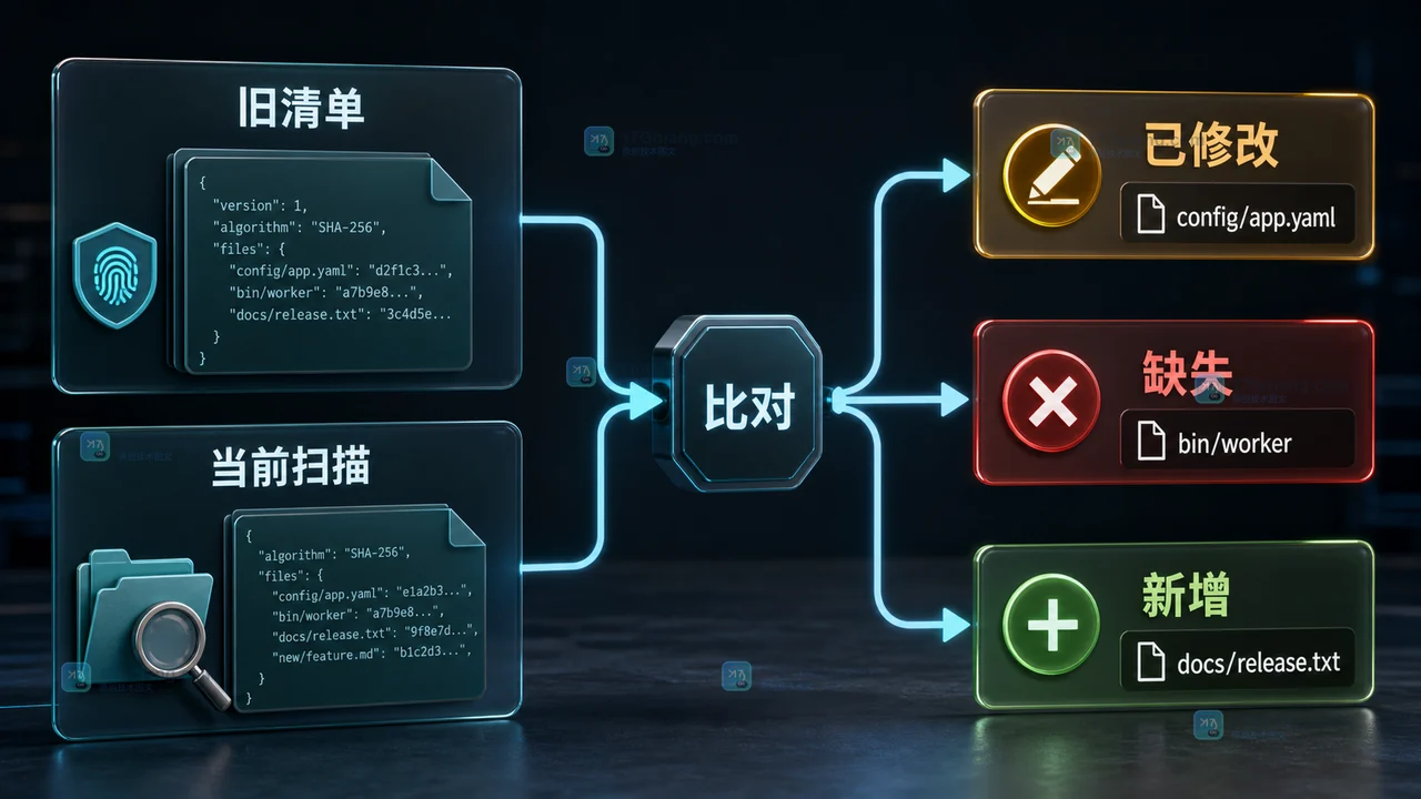 Go 文件清单复查中，旧 manifest 与当前扫描结果对比并区分新增、缺失和已修改文件的示意图