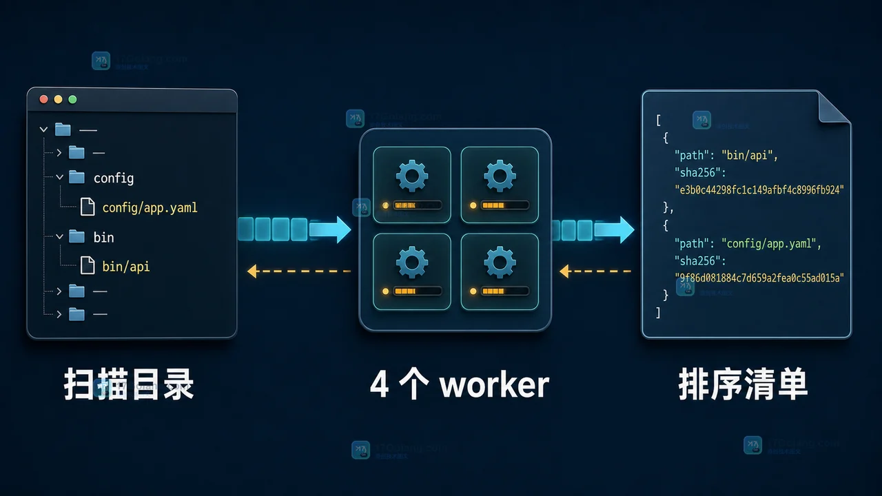 Go SHA-256 文件清单工具中，目录扫描把文件任务交给受限 worker 并汇总摘要的流程图