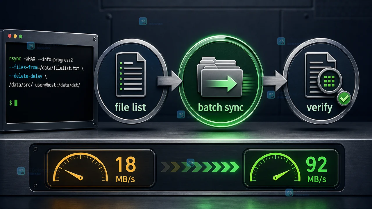 rsync 使用 file list、batch sync、verify 的增量同步流程，速度从 18MB/s 提升到 92MB/s
