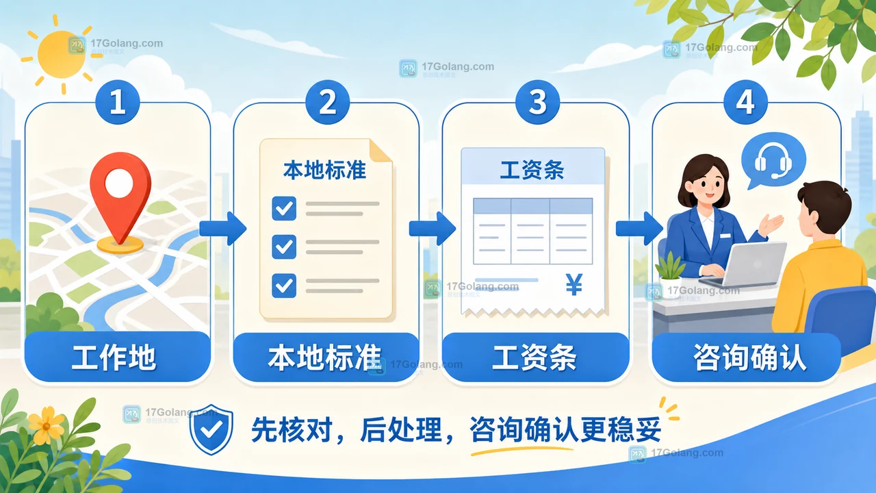 查询高温津贴时，从工作地、人社公开标准、工资条到咨询确认的官方核对流程图