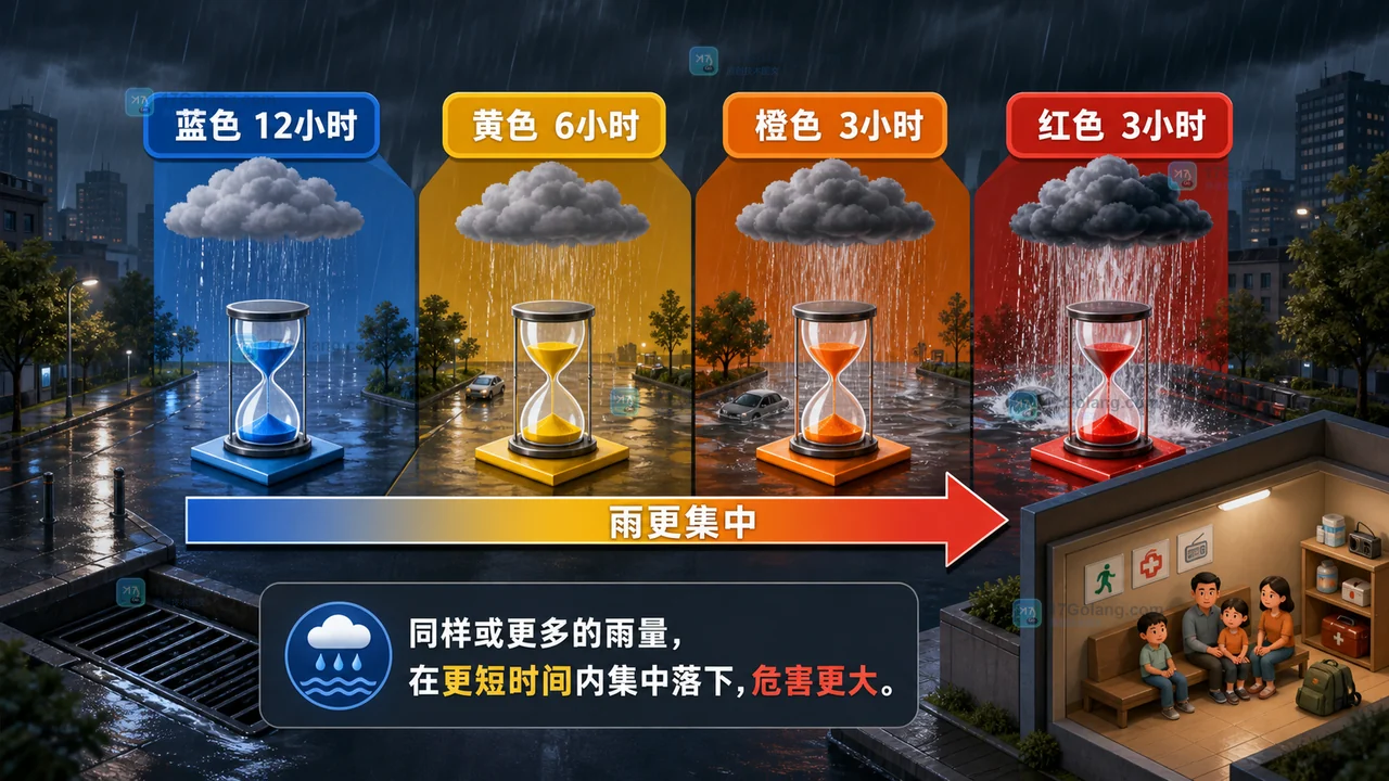 暴雨预警蓝色黄色橙色红色与降雨时间风险升级关系的生活安全说明插画