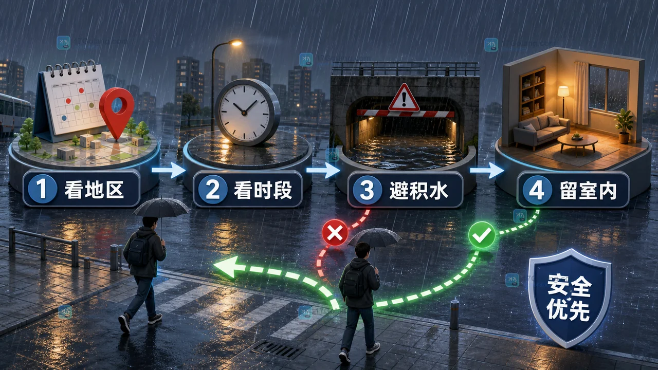 暴雨预警期间核对地点时段避开积水区域并选择安全室内停留的流程插画