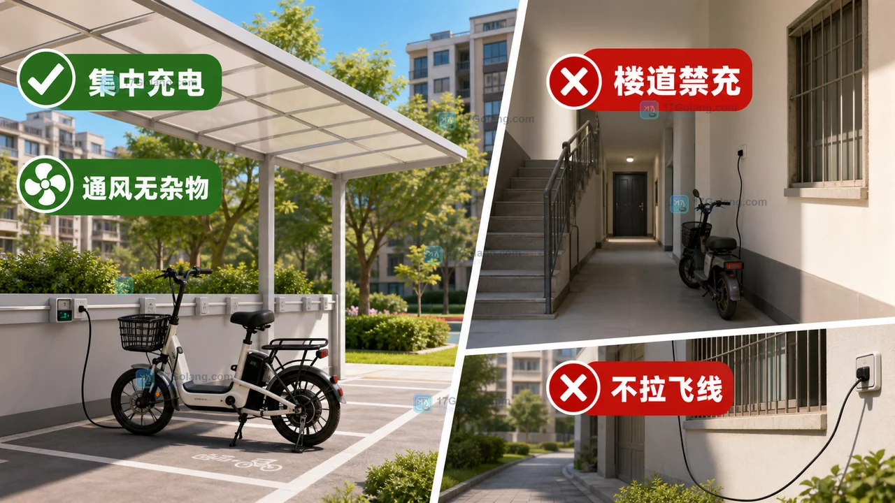 电动自行车夏季在规范集中充电区域充电并避开楼道飞线和安全出口的安全提示插画