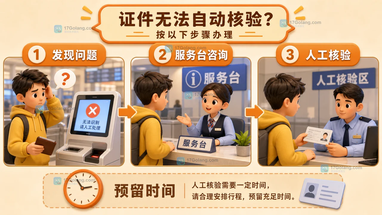 高铁乘车遇到身份证过期遗失或无法识读时前往服务台和人工核验的处理路径插画