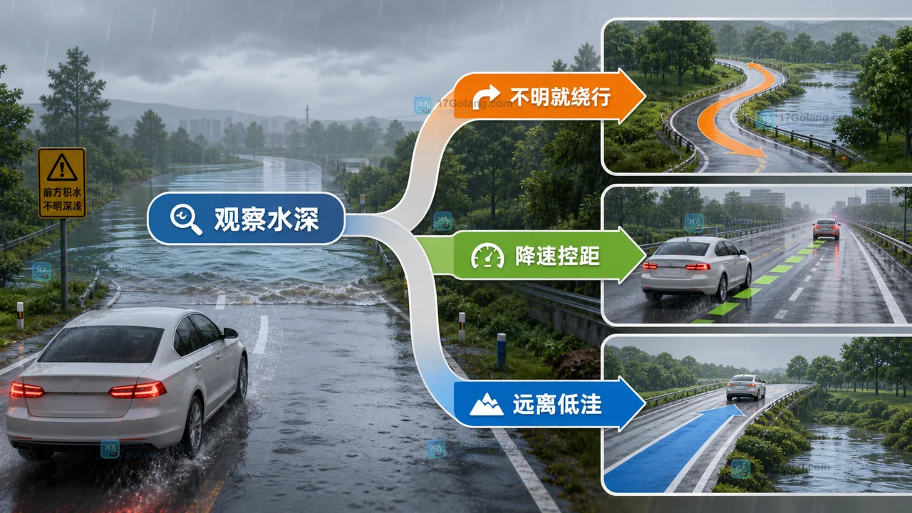 雨天开车遇到积水时观察水深绕行低洼路段并保持低速控距的安全判断插画