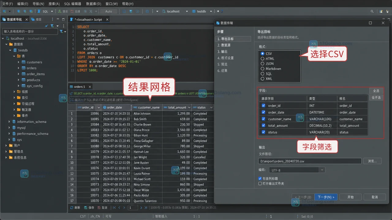 DBeaver 查询结果网格中打开 Export data 向导并选择 CSV 格式、字段和输出文件的原创软件界面插画