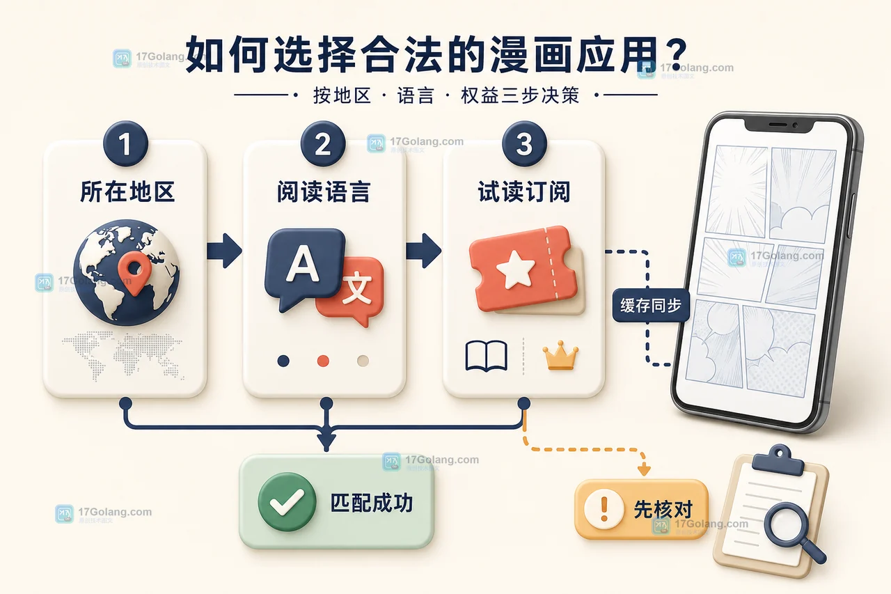漫画 App 使用前判断卡片:核对所在地区、阅读语言、试读或订阅权益,再确认缓存和同步范围