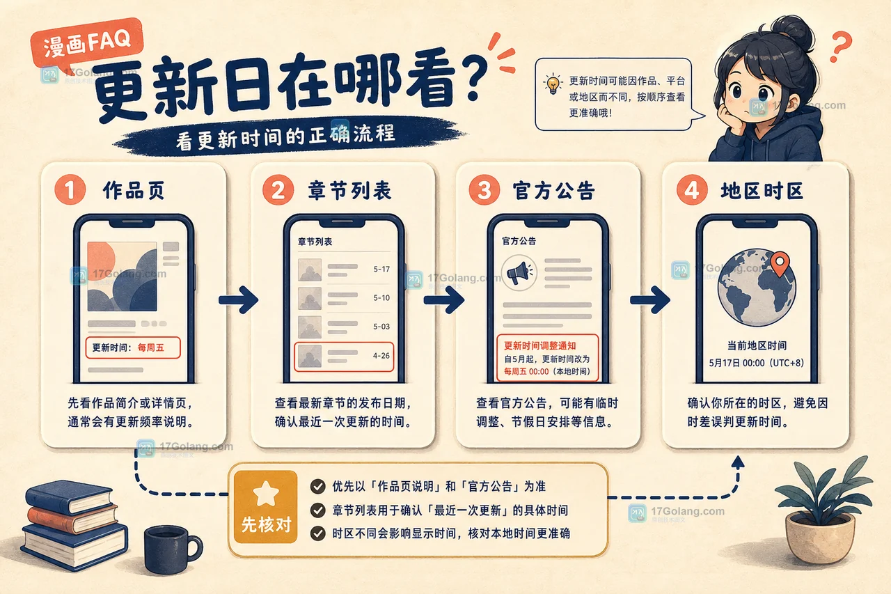 漫画更新时间核对流程:先看作品页章节列表,再查连载状态和官方公告,最后确认地区时区差异