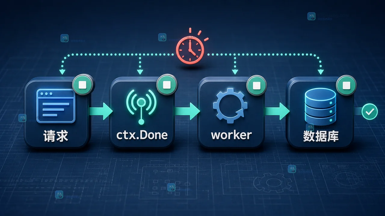 Go Context 将超时取消信号从入口传到 worker 和数据库调用链的示意图
