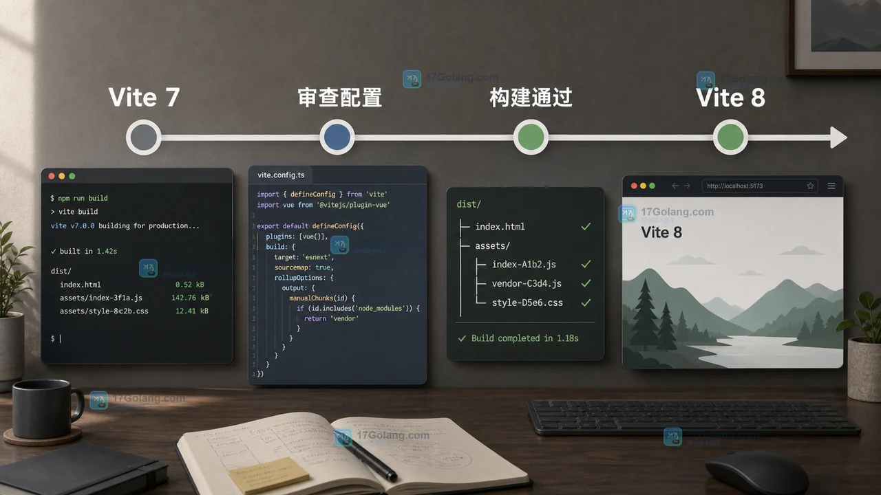 Vite 7 升级到 Vite 8 的时间线,展示配置审查、构建检查与页面回归的先后关系