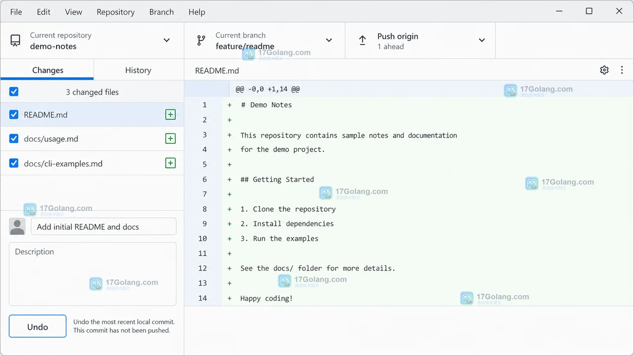 GitHub Desktop 原创界面示意图,Changes 页面底部的 Undo 入口与未推送提交状态