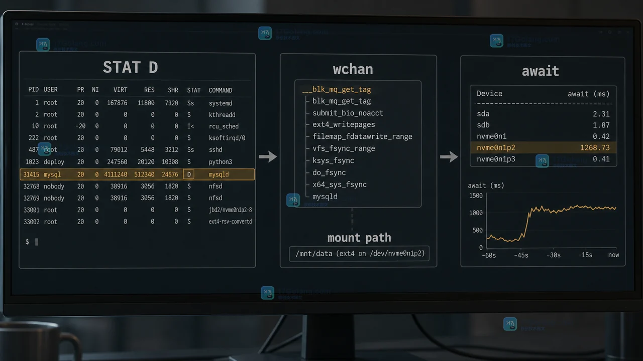 Linux D 状态进程的原创工程证据图,展示进程状态、等待点、挂载路径和设备延迟之间的定位链路