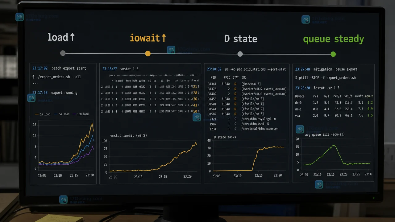 Linux 高负载但 CPU 未满的原创工程时间线,展示负载上升、iowait 采样、D 状态定位和限流后回落的关系