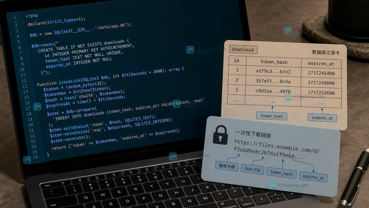 PHP 一次性下载链接签发时只保存令牌哈希的示意图
