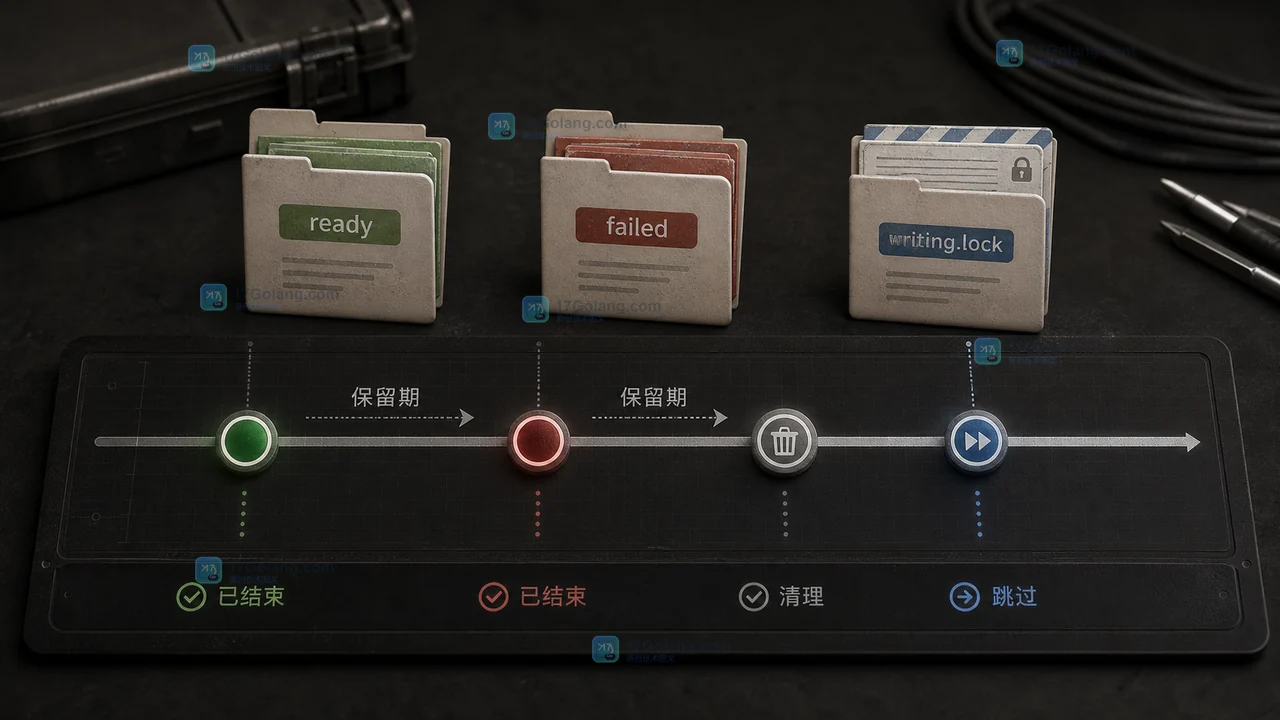 Python 导出任务按 ready failed 保留期与 writing 标记判断是否清理的时间线示意