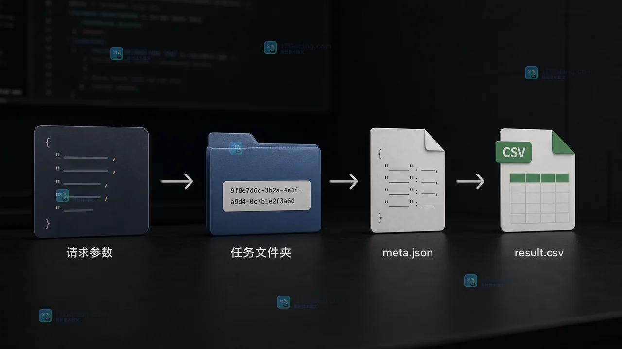 Python 批量导出将请求参数写入任务文件夹并生成 meta.json 和 result.csv 的时间线示意