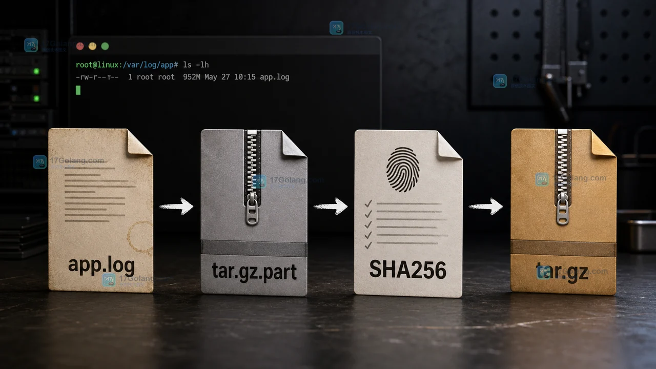 Linux 应用日志依次转为临时 tar.gz 文件、SHA256 校验清单和正式归档包的数据生命周期示意
