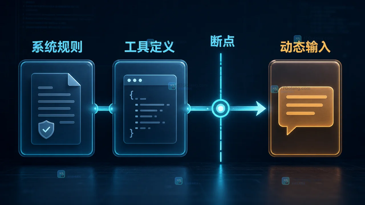 Claude API 提示词缓存中稳定系统规则和工具定义位于断点前,动态用户输入位于断点后的等待链示意图