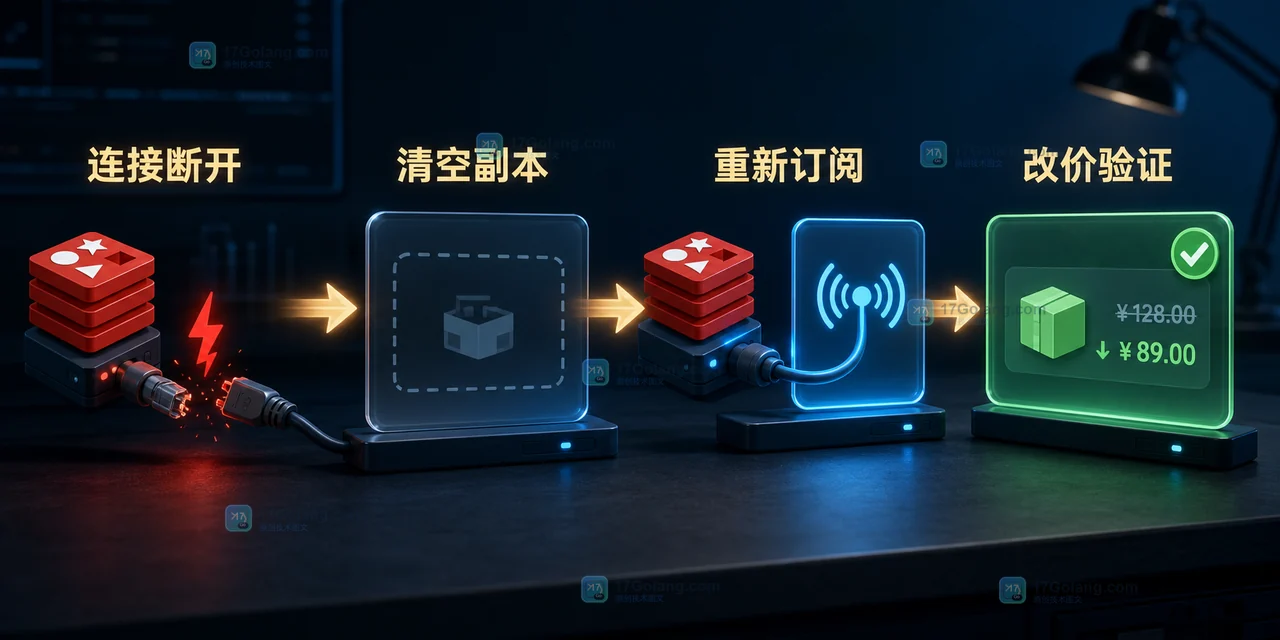 Redis 客户端缓存重连流程:通知连接断开、清空 product 前缀副本、重新订阅、改价验证后恢复本地命中