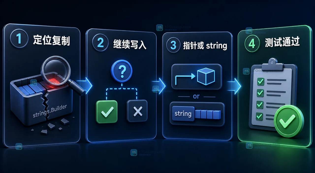 Go strings.Builder 重构检查流程:定位复制点、判断是否继续写入、改为指针或 string,并用顺序测试确认修复