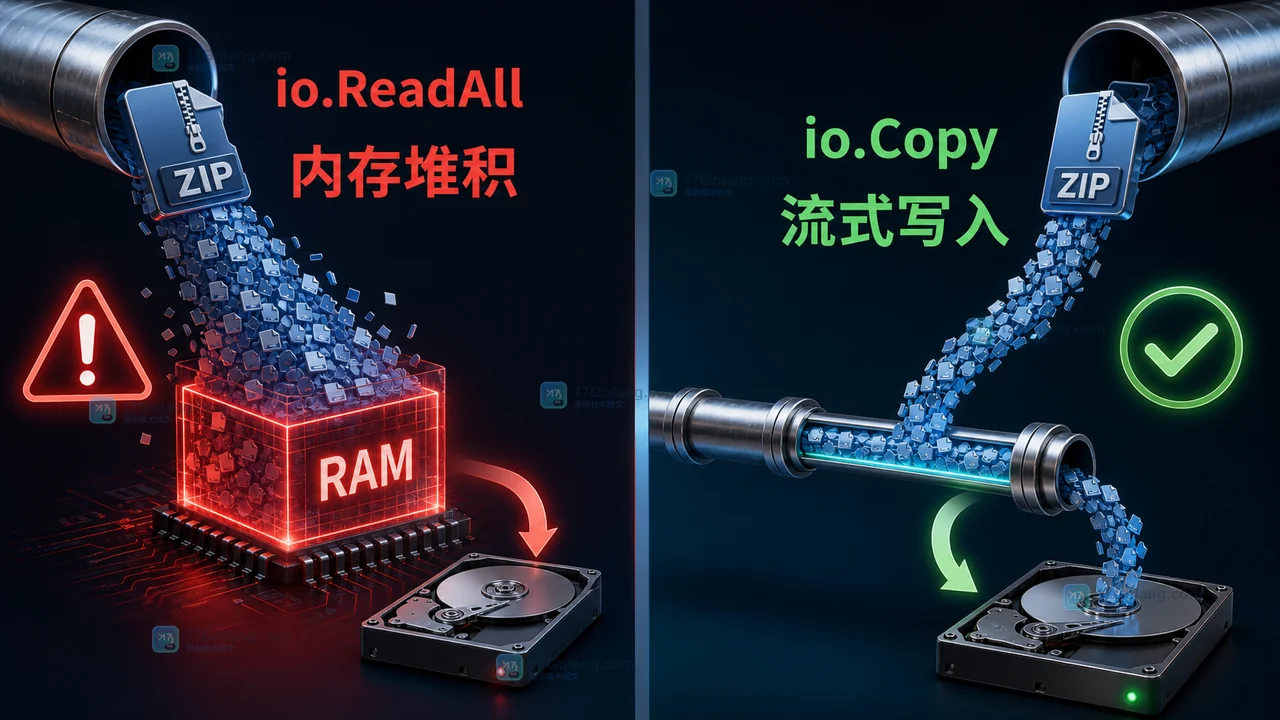Go 文件转存的前后对比:io.ReadAll 把大文件堆到内存,io.Copy 将响应流持续写入临时文件