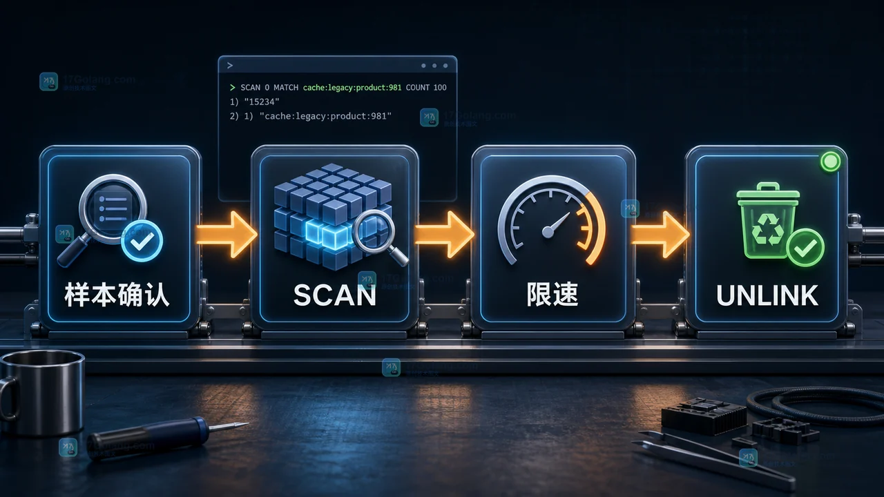 Redis 批量清理四阶段流程：样本确认经由 SCAN 游标，限速后使用 UNLINK 释放旧缓存键