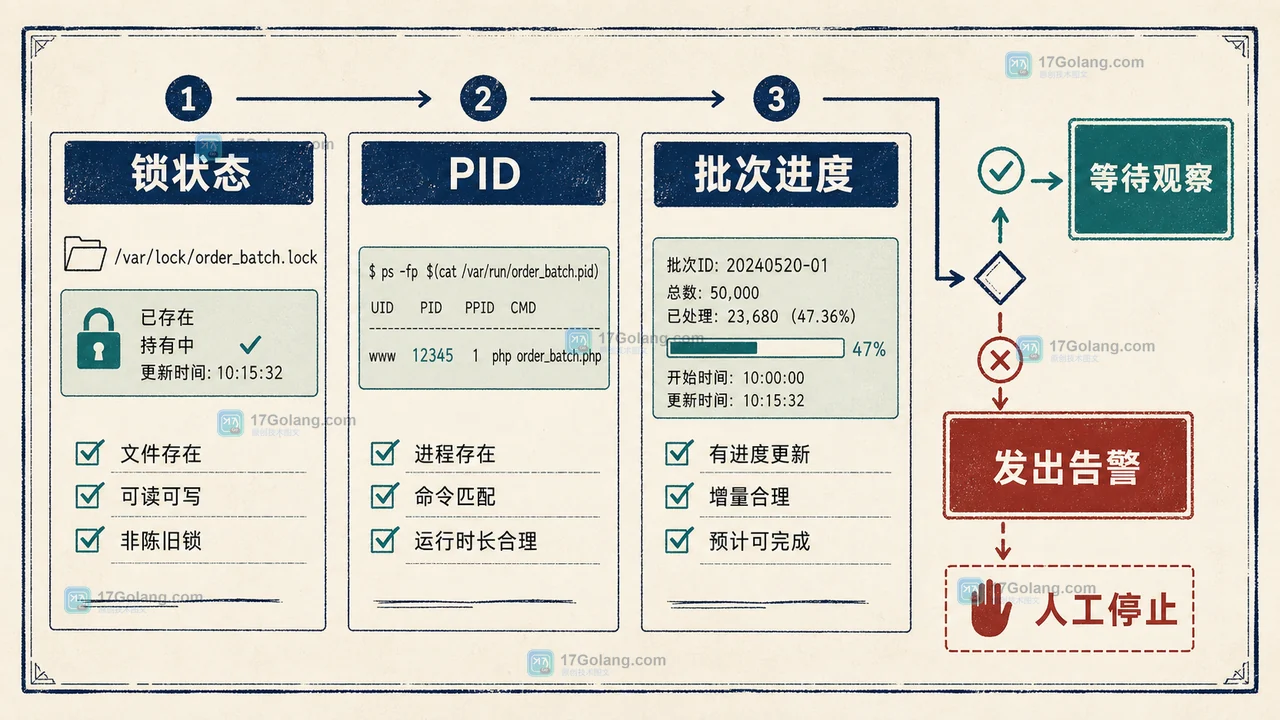 PHP 定时任务超时后，查看锁状态、PID、批次进度并决定等待、告警或人工停止的检查清单