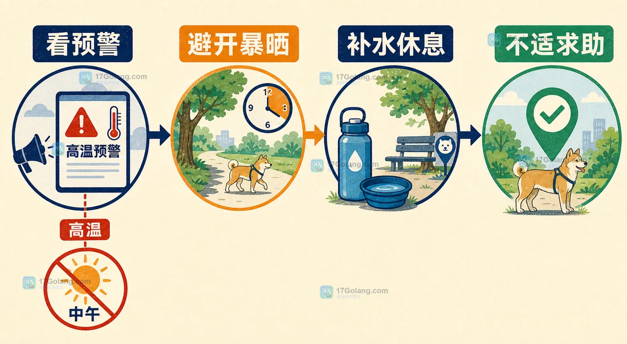 三伏天高温出行检查图,展示天气预警、避开暴晒、补水休息和身体不适处理的顺序