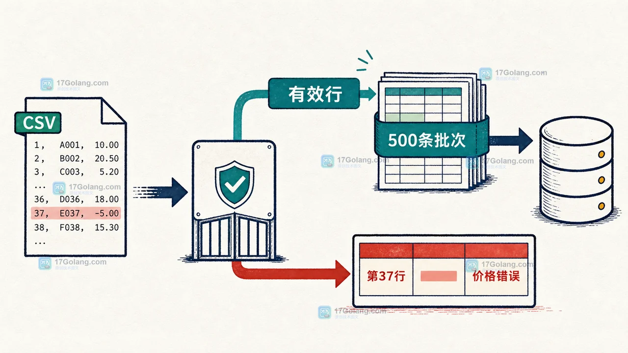 Go CSV 导入流程中，有效行进入五百条批次写库，格式错误行以行号、列名和原因回传给用户