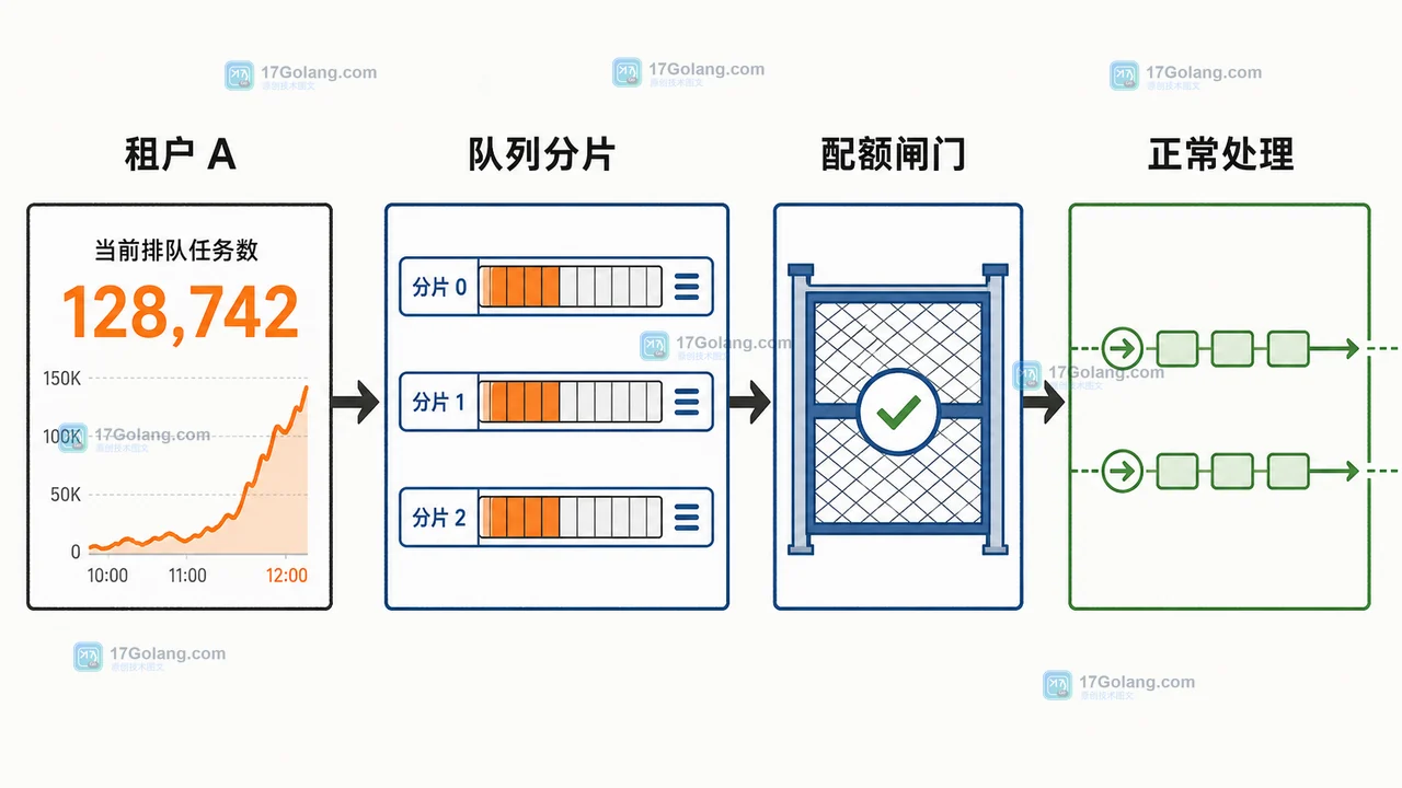 Java 多租户批量任务中,租户压力经过分片队列和配额闸门后被隔离的二维工程证据插画