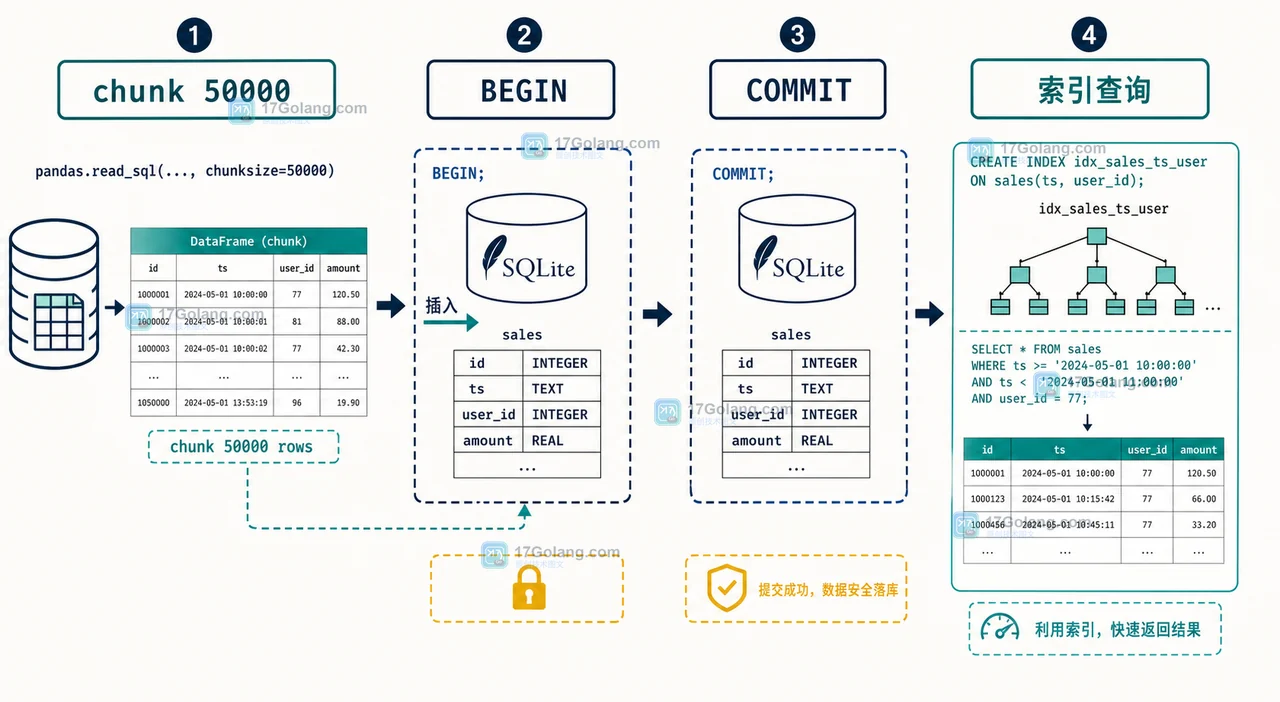 pandas 分块写入 SQLite:每块进入事务并提交,完成后通过索引查询金额和日期