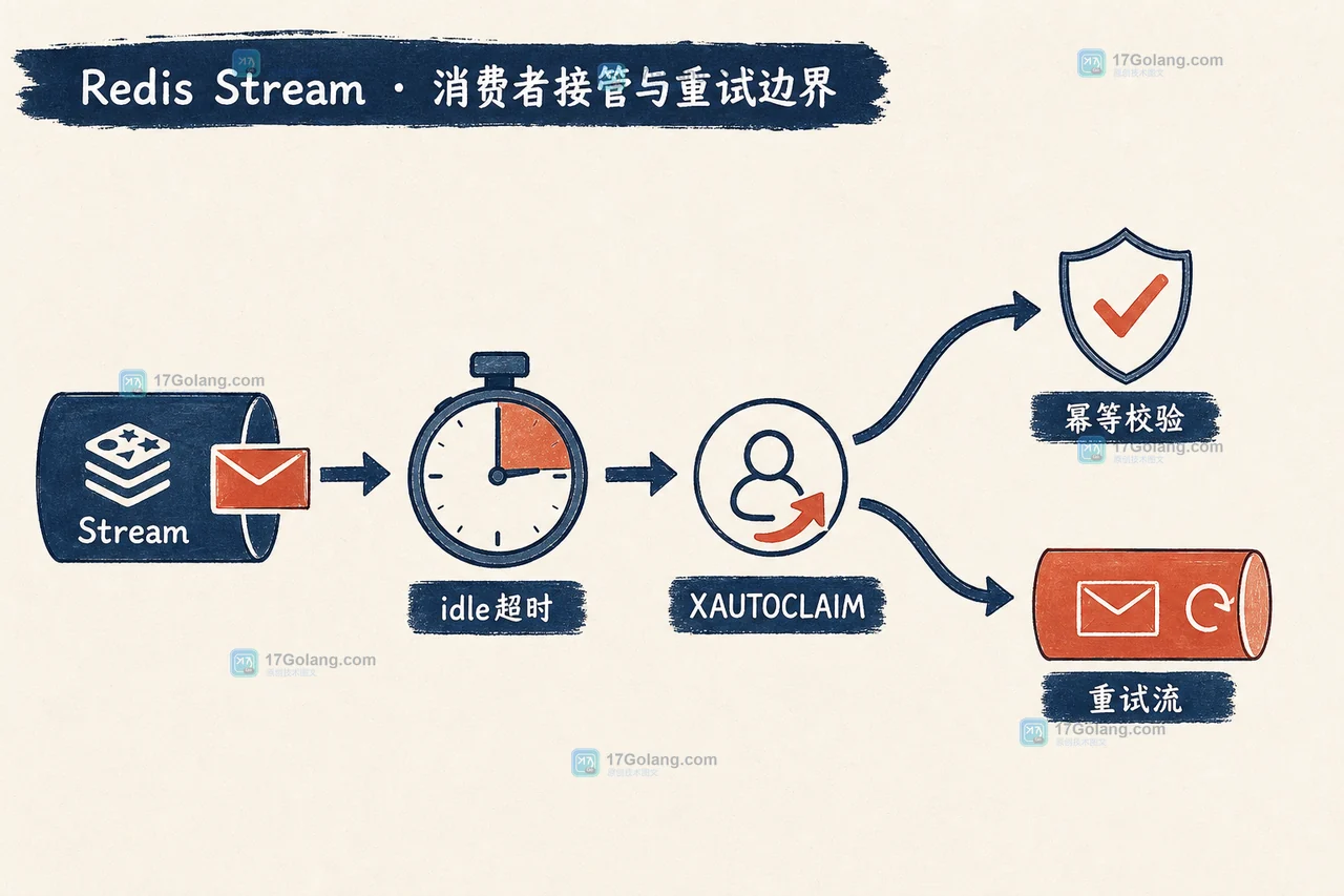 Redis Stream 消息按 idle 与投递次数分流到接管处理或重试流的边界示意