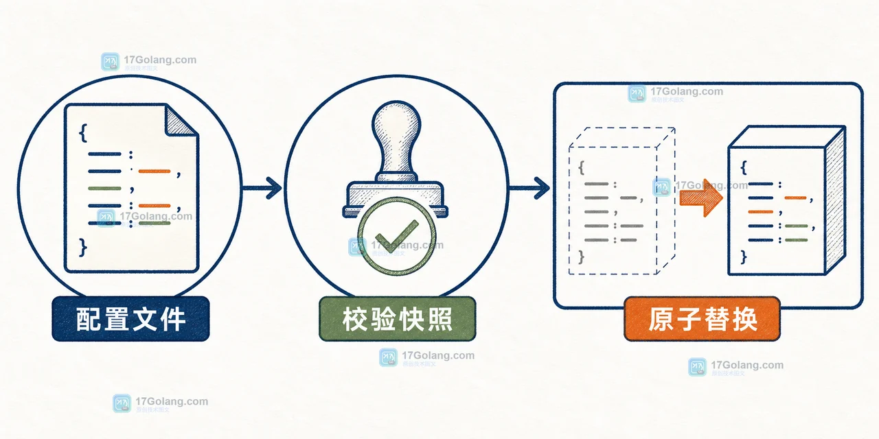 Go 配置热加载中从 config.json 到校验快照再到 atomic.Value 原子替换的因果链