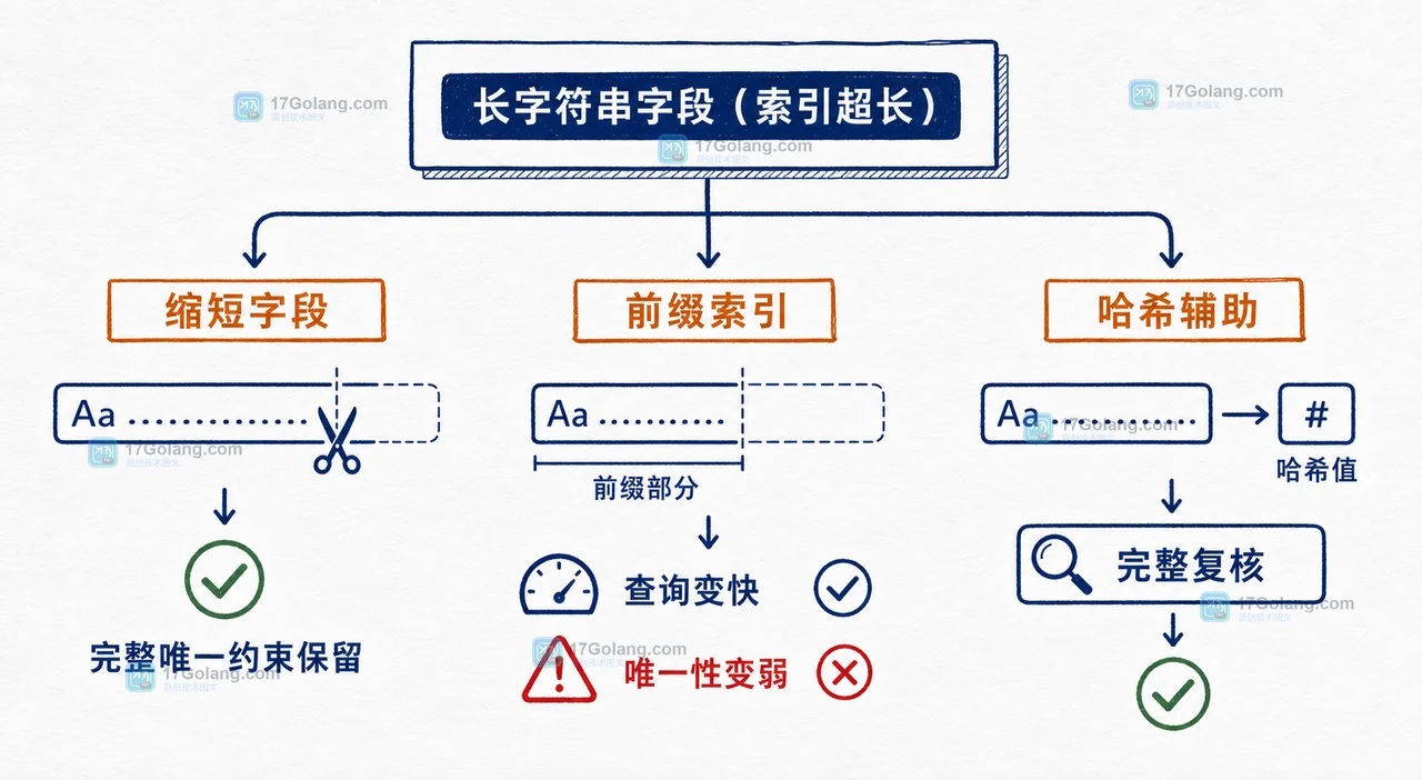 MySQL 索引超长时从缩短字段、前缀索引到哈希辅助列的决策路径与唯一性边界插画