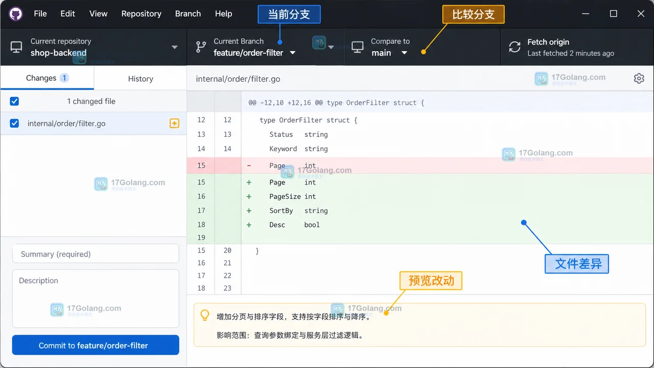 GitHub Desktop Current Branch 与 Changes 面板中比较 feature/order-filter 和 main 分支并预览改动文件