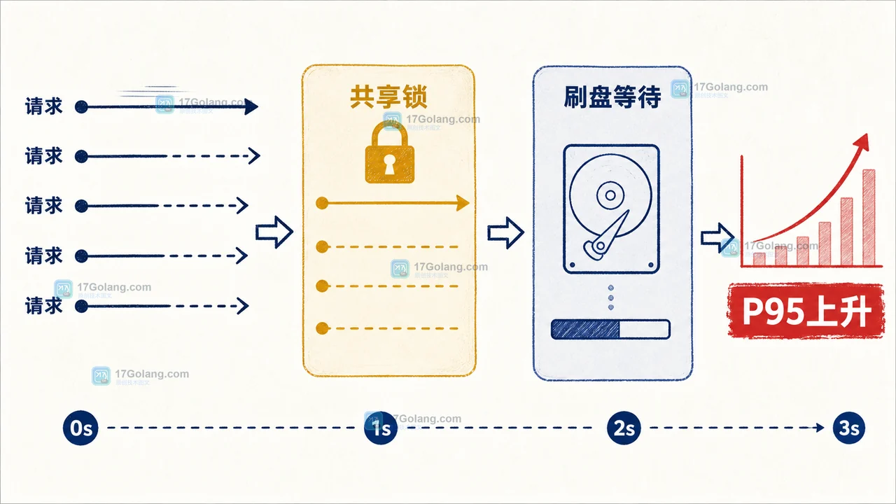 Go 审计日志单文件写入时间线,多个请求排队等待共享文件锁和磁盘刷盘