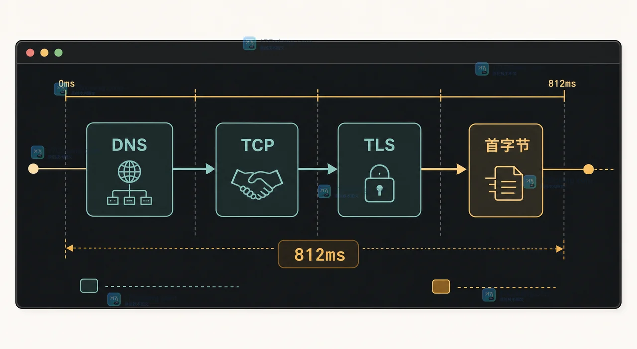 Go httptrace 将一次 HTTPS 请求拆成 DNS、TCP、TLS、响应头四段的时间线证据图