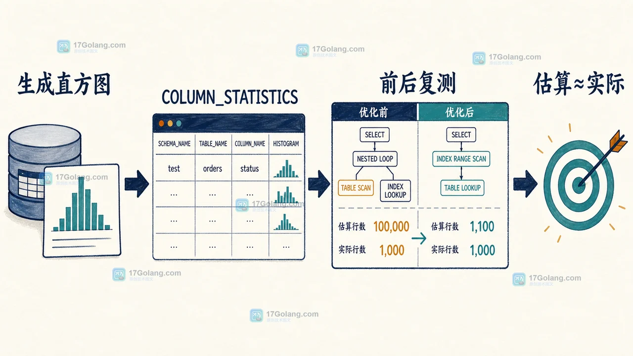 MySQL 直方图写入 COLUMN_STATISTICS 后通过 EXPLAIN ANALYZE 对比前后计划的验证图